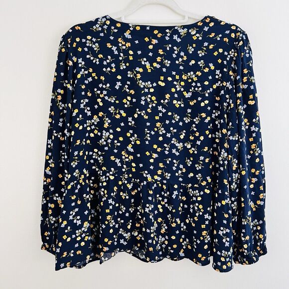 Loft Navy Blue & Yellow Floral Chiffon V Neck Flowy Blouse ~ Size Large - Picture 6 of 7